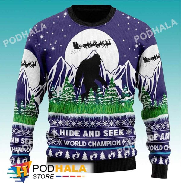 Night Scene Hide And Seek Bigfoot Ugly Christmas Sweater, Sasquatch Gifts