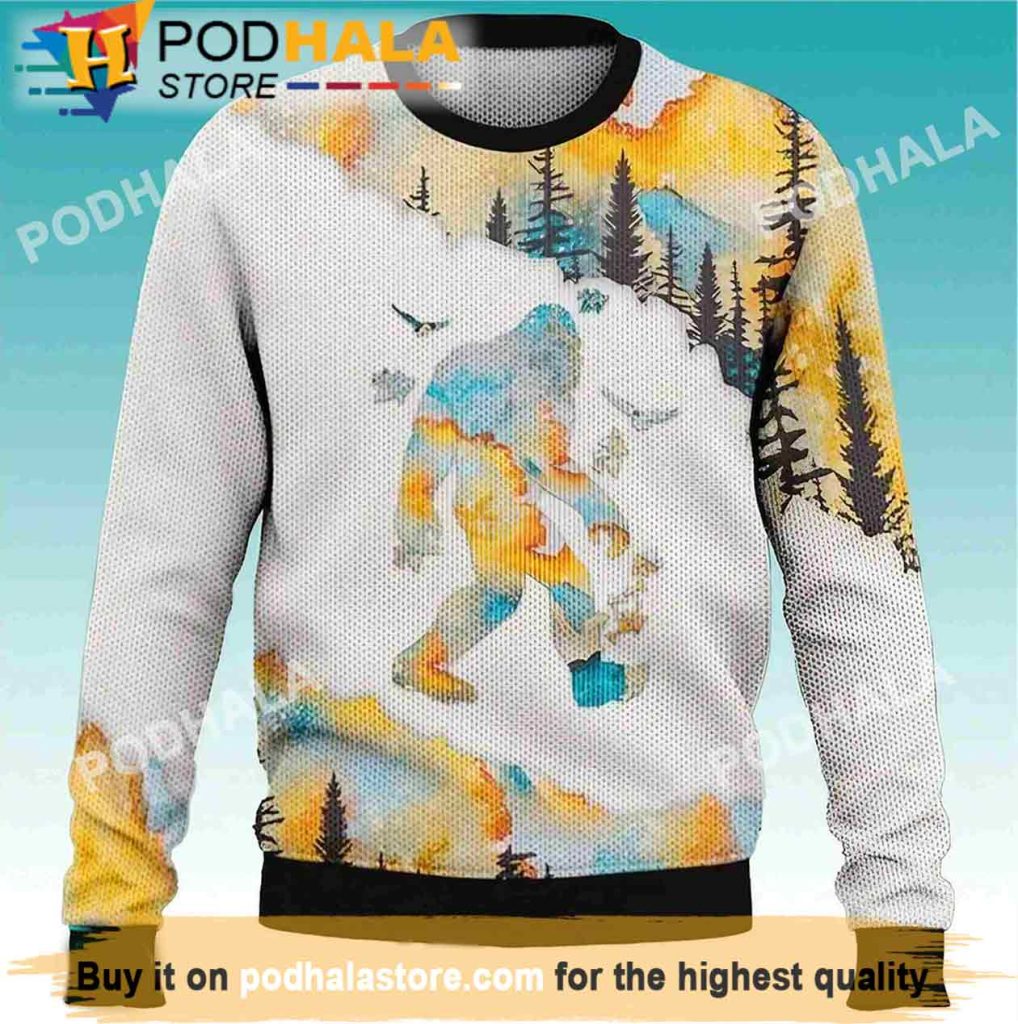 Pine Forest Bigfoot Ugly Christmas Sweater, Funny Bigfoot Gifts