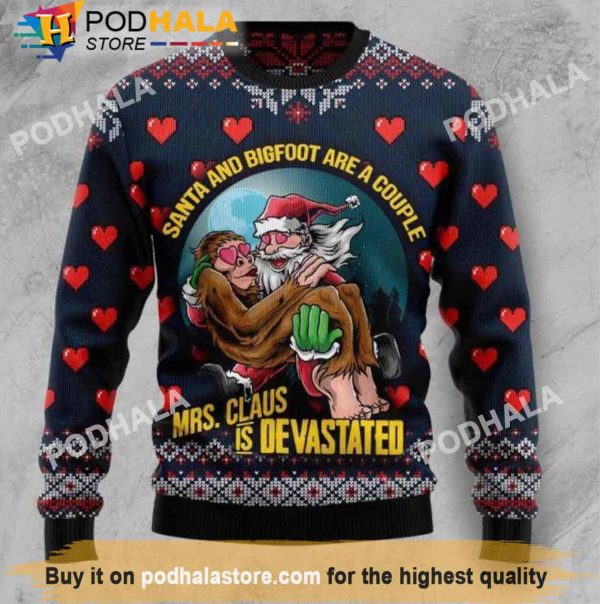 Santa And Bigfoot Are A Couple Bigfoot Christmas Sweater, Funny Bigfoot Gifts