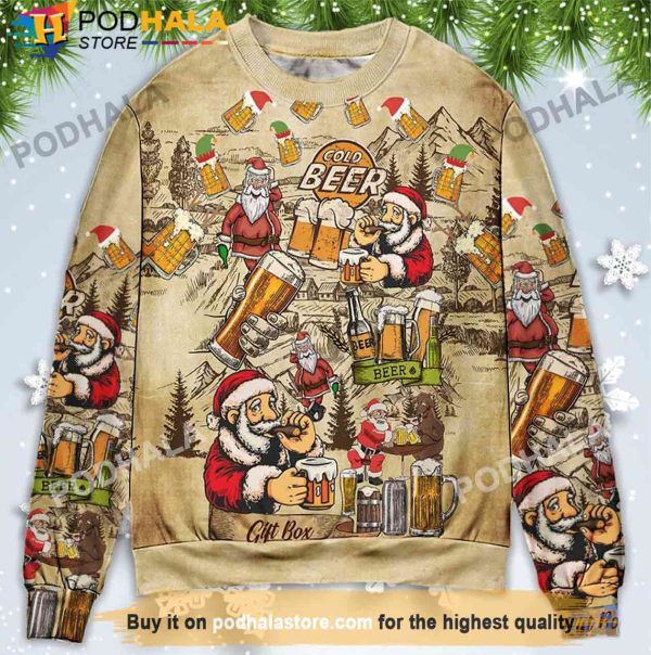 Santa Claus Drinking Cold Beer Christmas Sweater, Gifts For Beer Drinkers