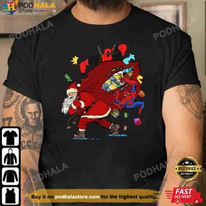 Santa Claus Spiderman and Deadpool Funny Christmas T-Shirt