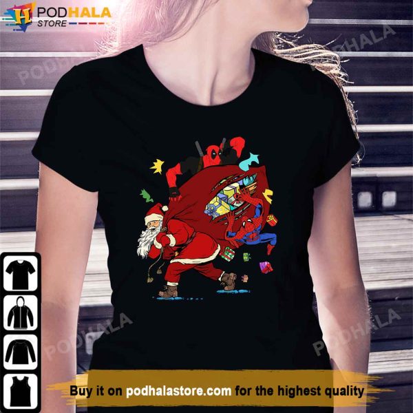 Santa Claus Spiderman and Deadpool Funny Christmas T-Shirt