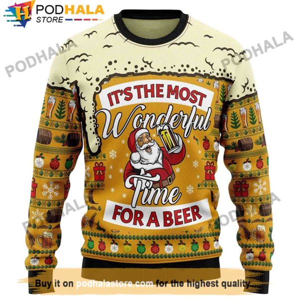 Santa Claus Wonderful Time For Beer Christmas Sweater, Gifts For Beer Drinkers