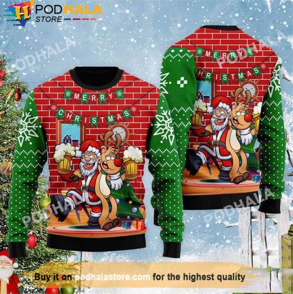 Santa Drink & Reindeer Drinking Beer Christmas Sweater, Gifts For Beer Drinkers