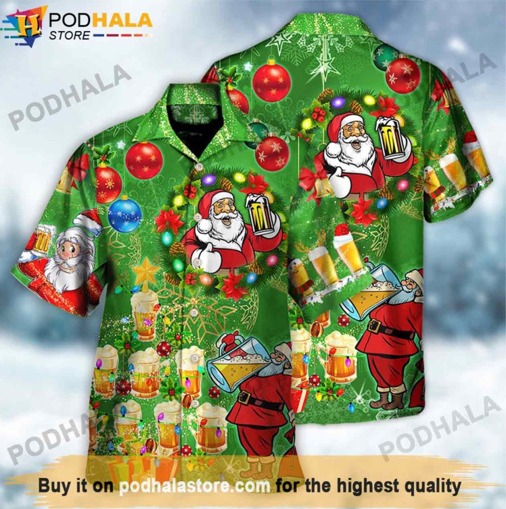 Santa Drinking Beer Green Hawaiian Shirt, Christmas Gifts For Beer Lovers