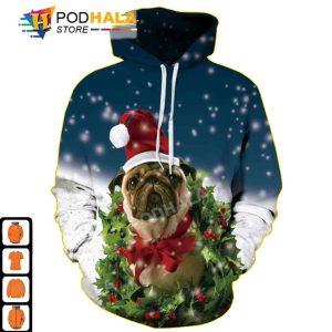 Santa Hat Pug Dog Christmas AOP 3D Hoodie, Funny Xmas Gifts