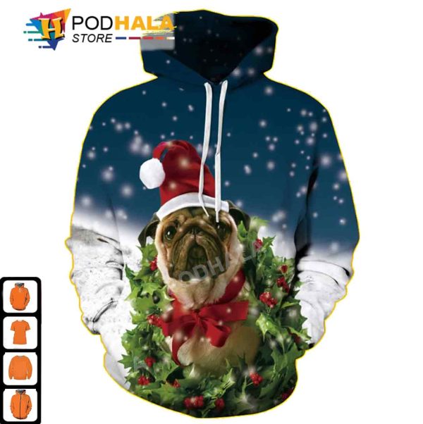 Santa Hat Pug Dog Christmas AOP 3D Hoodie, Funny Xmas Gifts