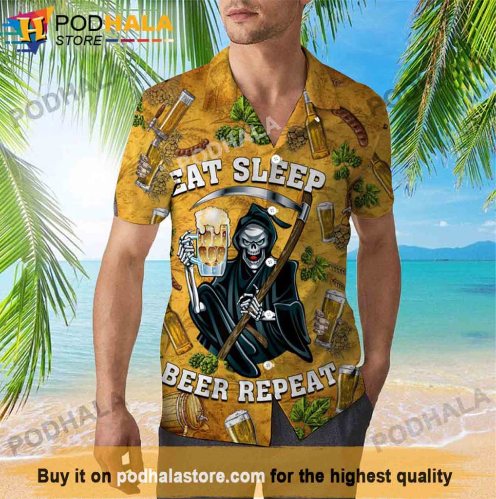 Skeleton Eat Sleep Beer Repeat Beer Hawaiian Shirt, Gifts For Craft Beer Lovers