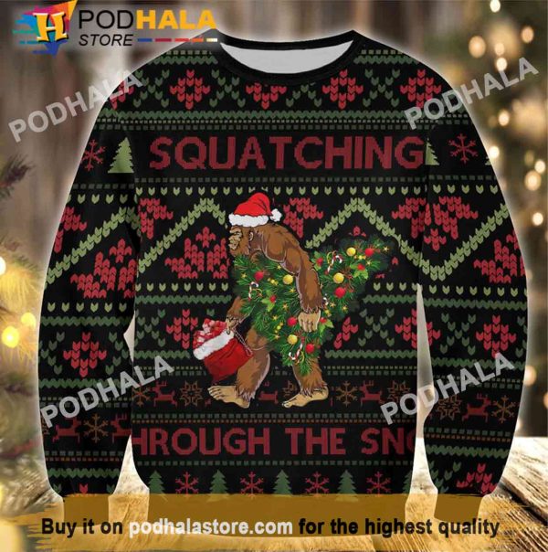Squatching Bigfoot Snow Bigfoot Christmas Sweater, Funny Bigfoot Gifts