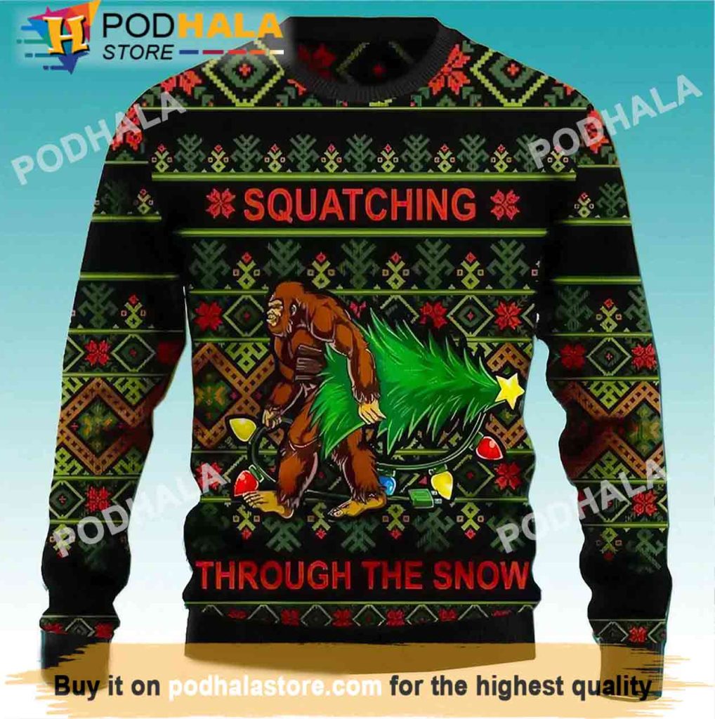Squatching Through The Snow Sasquatch Christmas Sweater, Funny Bigfoot Gifts