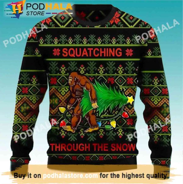 Squatching Through The Snow Bigfoot Christmas Sweater, Funny Bigfoot Gifts