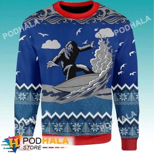 Surfing Christmas Blue Bigfoot Ugly Christmas Sweater, Sasquatch Gifts