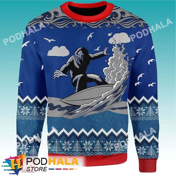 Surfing Christmas Blue Bigfoot Ugly Christmas Sweater, Sasquatch Gifts
