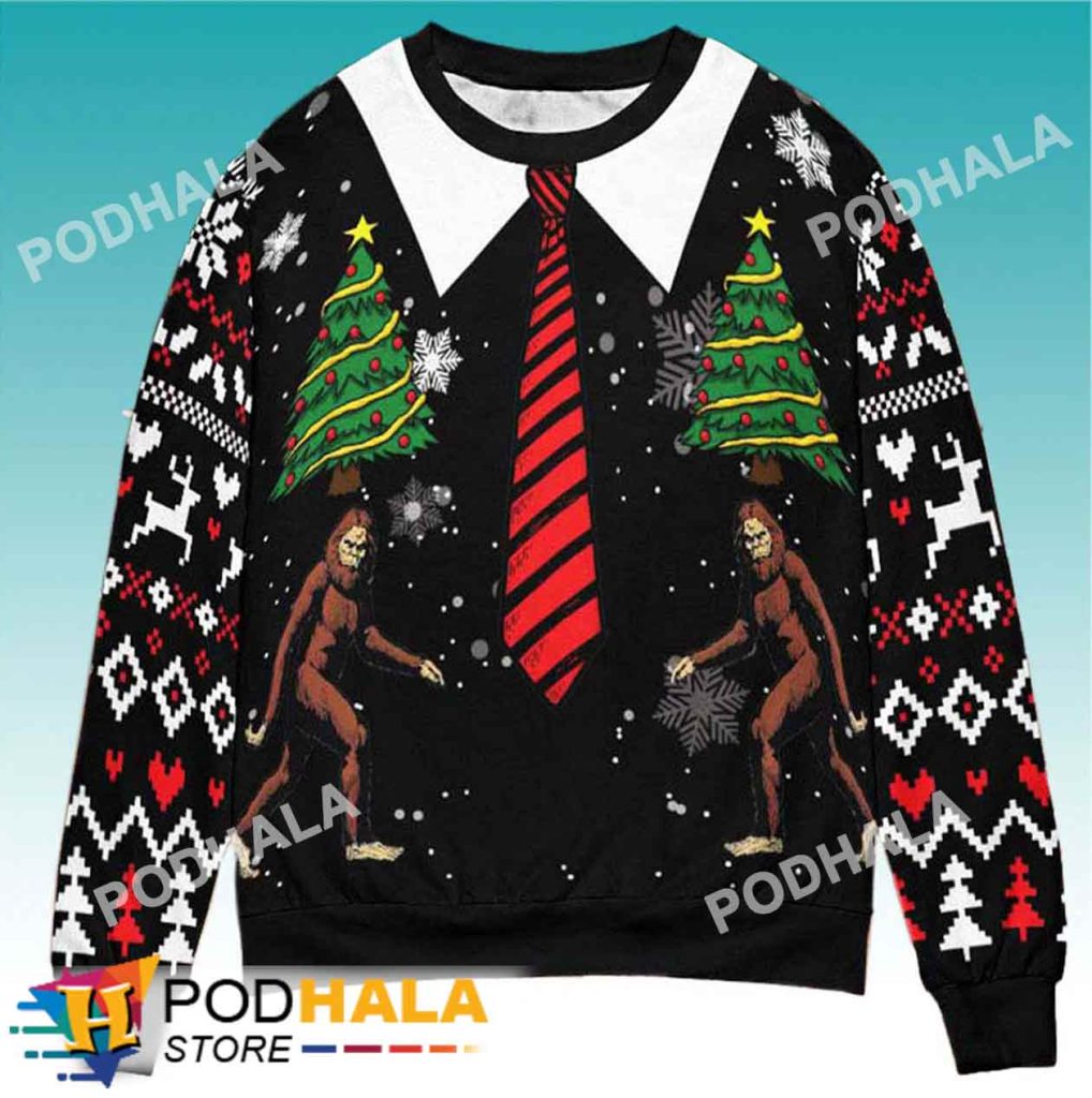 Tie Christmas Tree Funny Bigfoot Ugly Christmas Sweater