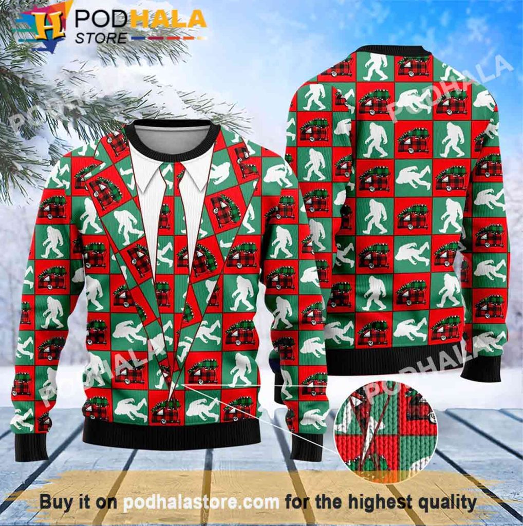 Vest with Tie Style Bigfoot Christmas Sweater, Funny Bigfoot Gifts