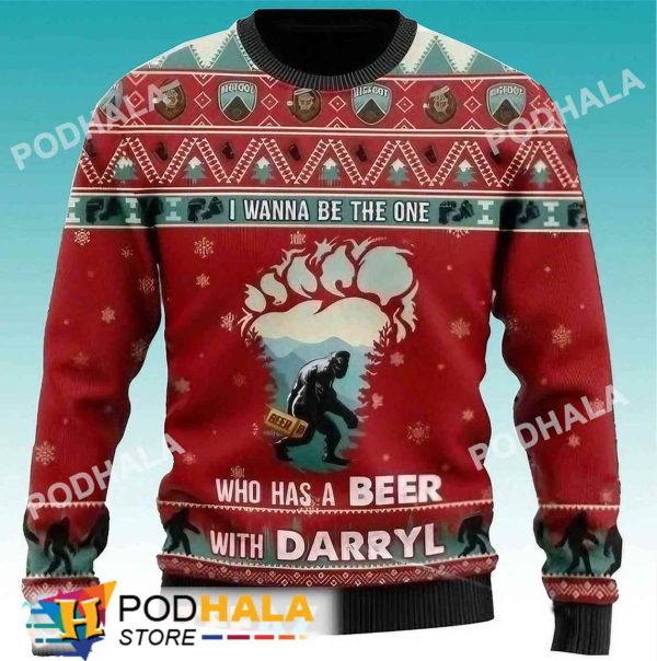 Who Has A Beer With Darryl Bigfoot Ugly Christmas Sweater, Sasquatch Gifts