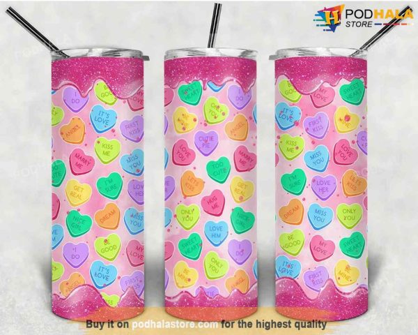 20 Oz Skinny Sublimation Designs Dripping Candy Hearts Valentines Day Tumbler