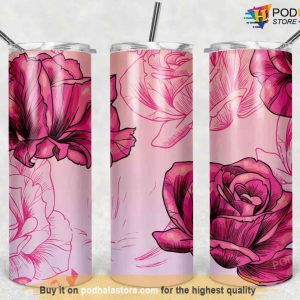 20oz Skinny Tumbler Design Floral Pink Rose Pattern, Valentines Day Tumbler