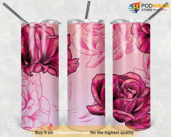 20oz Skinny Tumbler Design Floral Pink Rose Pattern, Valentines Day Tumbler