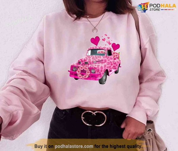 Pink Leopard Truck Happy Valentines Day Unisex Sweatshirt