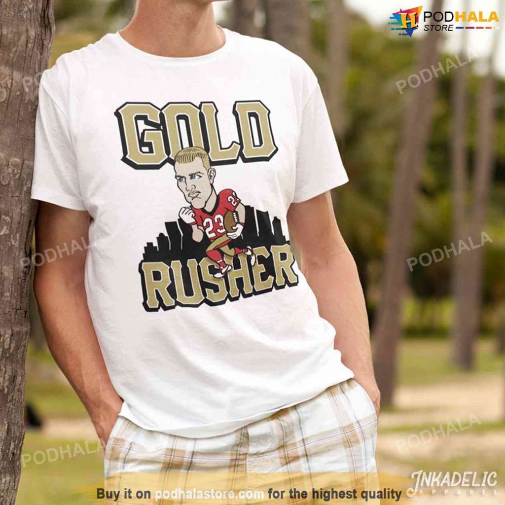 Gold Rusher Run CMC 49Ers T-Shirt, Christian McCaffrey San Francisco Niners Tee