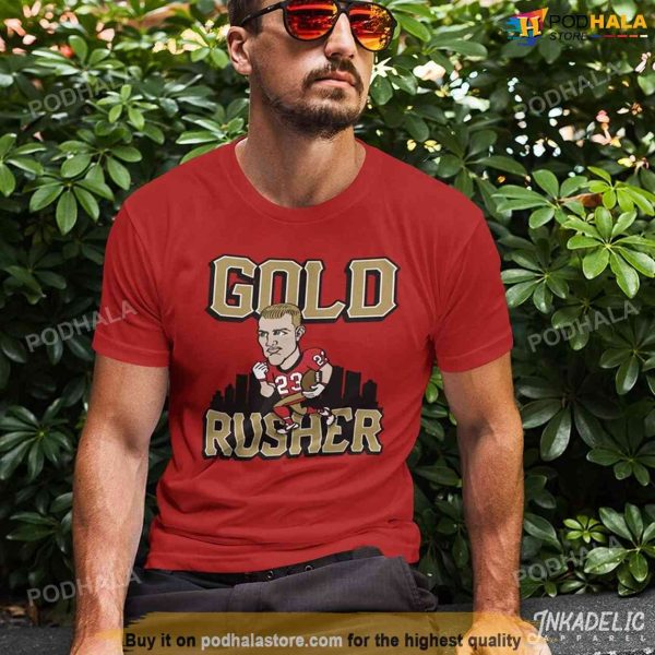 Gold Rusher Run CMC 49Ers T-Shirt, Christian McCaffrey San Francisco Niners Tee