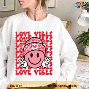 Love Vibes Beanie Smiley Face Sweatshirt, Valentines Day Shirt, Couple Tee