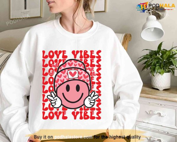 Love Vibes Beanie Smiley Face Sweatshirt, Valentines Day Shirt, Couple Tee