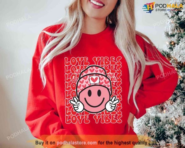 Love Vibes Beanie Smiley Face Sweatshirt, Valentines Day Shirt, Couple Tee