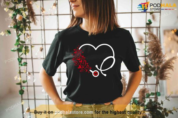 Nurse Valentines Day Shirt, Cute Heart Stethoscope Nurse Tee