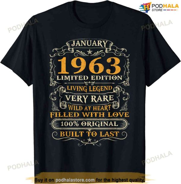 60th Birthday Gift 60 Years Old Retro Vintage January 1963 T-Shirt