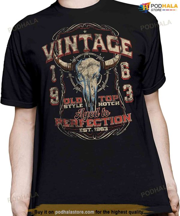 60th Birthday Gift Shirt for Men – Vintage 1963 Aged to Perfection – Bull Skull – 60th Birthday Gift