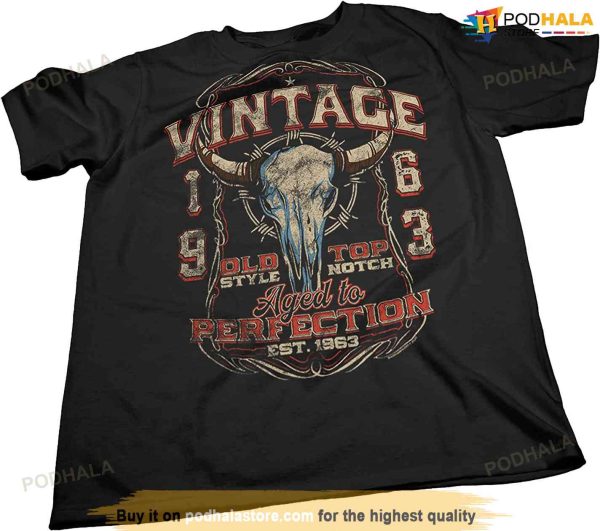 60th Birthday Gift Shirt for Men – Vintage 1963 Aged to Perfection – Bull Skull – 60th Birthday Gift