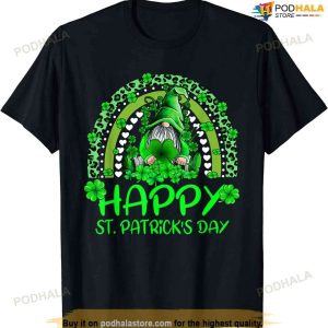 Gnome Holding Lucky Shamrock Rainbow Leopard St Patricks Day T-shirt