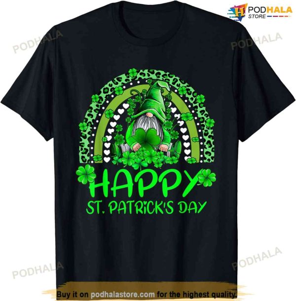 Gnome Holding Lucky Shamrock Rainbow Leopard St Patricks Day T-shirt