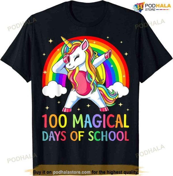 Happy 100th Day Of School Unicorn 100 Magical Days Rainbow T-shirt