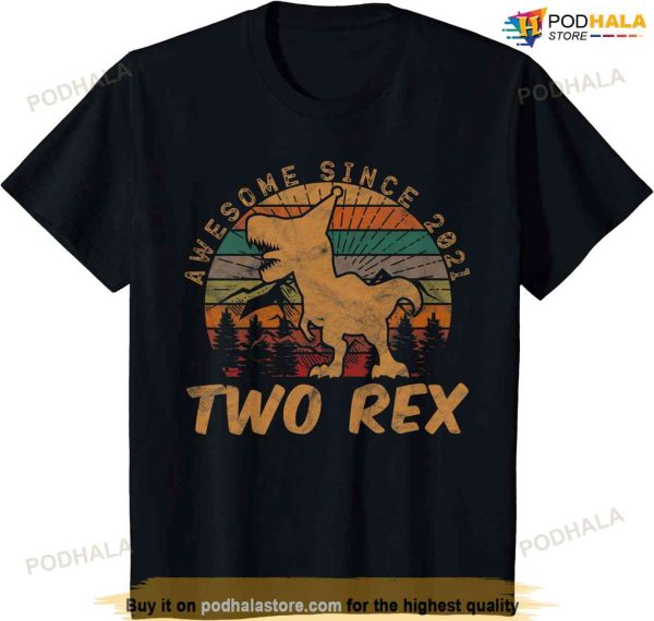 Kids Two Rex 2nd Birthday Gifts Second Dinosaur 2 Year Old T-shirt