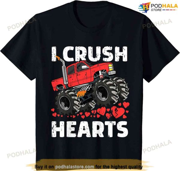 Kids Valentines Day Monster Truck Boys Toddler I Crush Hearts T-shirt