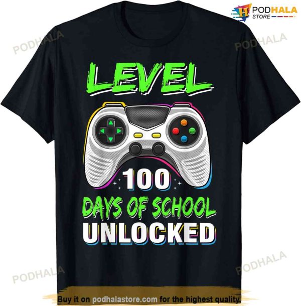 Level 100 Days Of School Unlocked Gamer Video Games Boys T-shirt