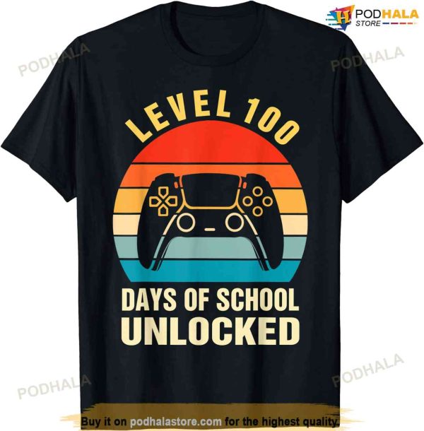 Level 100 Days Of School Unlocked Gamer Video Games Boys T-shirt Jmr