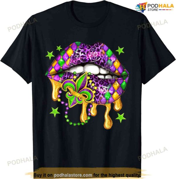Mardi Gras Lips Queen Carnival Costume Purple & Gold Funny T-shirt