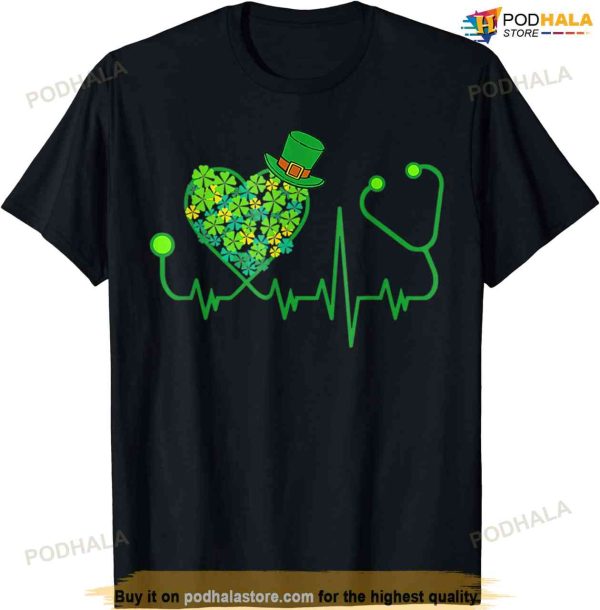 Nurse St Patricks Day Stethoscope Heartbeat Clover T-shirt