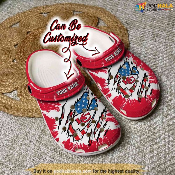 Personalized Name Kansas City Chiefs Crocs, Ripped American Flag Shoes