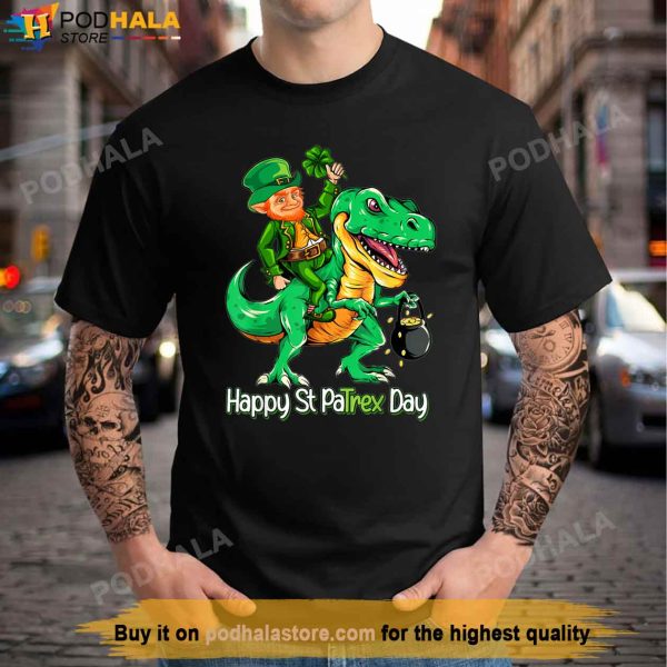 St Patricks Day Leprechaun Riding Dinosaur Gift Kids Boys Shirt