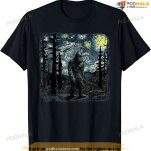 Bigfoot Starry Night Sasquatch Van Gogh Sky Painting Art T-shirt
