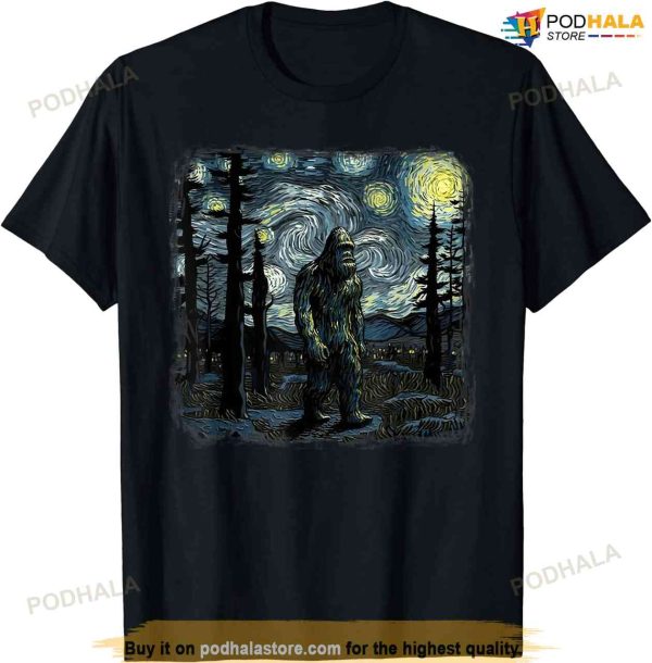 Bigfoot Starry Night Sasquatch Van Gogh Sky Painting Art T-shirt