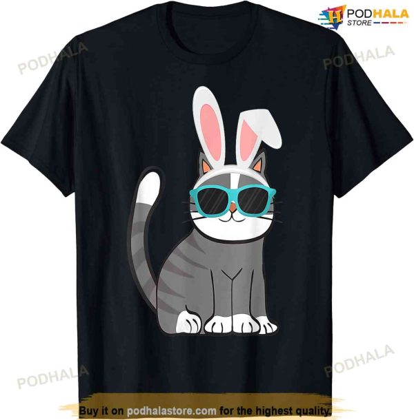 Happy Easter Cool Cat With Bunny Ears And Glasses Cat Lover T-shirt