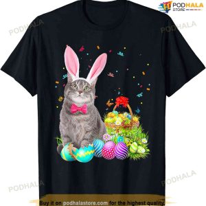 Happy Easter Cute Bunny Cat Eggs Basket Men Women Funny Cute Easter Shirt