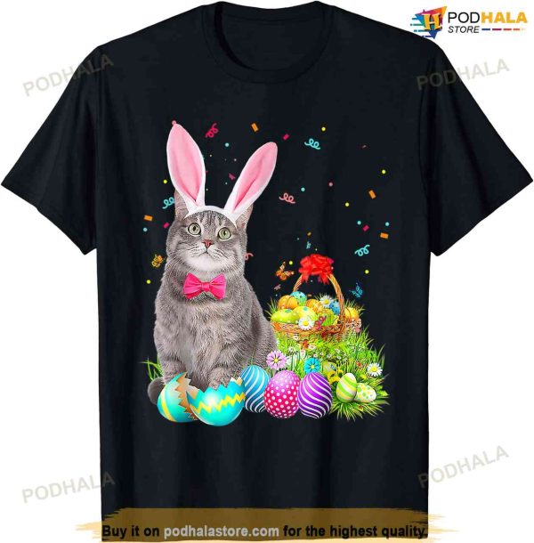 Happy Easter Cute Bunny Cat Eggs Basket Men Women Funny Cute Easter Shirt