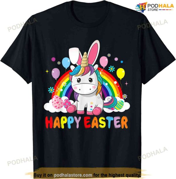 Happy Easter Cute Unicorn Wearing Bunny Ears Easter Eggs Cute Easter Shirt